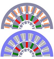 Darstellungen der Spulenanordnung innerhalb eines Pedelec-Motors mit Kupferspulen (oben) und eines identischen Motors mit gegossenen Aluminiumspulen (unten).