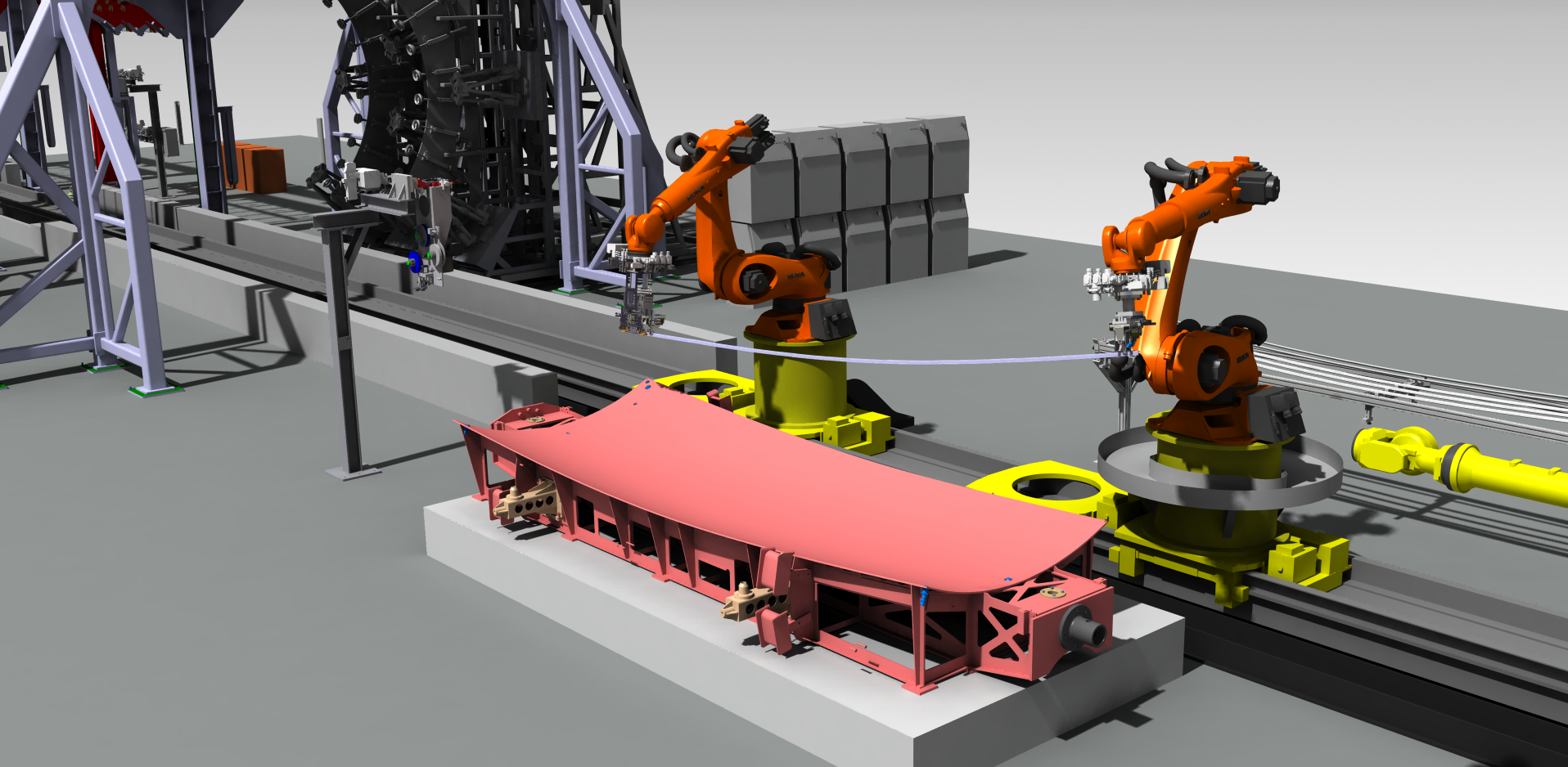 Simulation eines Flugzeugstringer-Montageprozesses in der virtuellen Montageanlage des Fraunhofer IFAM, Stade.