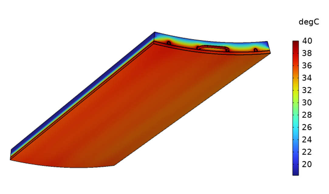Simulationsergebnis: Oberflächentemperatur eines thermisch aktivierten Decken-elements mit zellularem metallischem Werkstoff Simulationsergebnis: Oberflächentemperatur eines thermisch aktivierten Decken-elements mit zellularem metallischem Werkstoff
