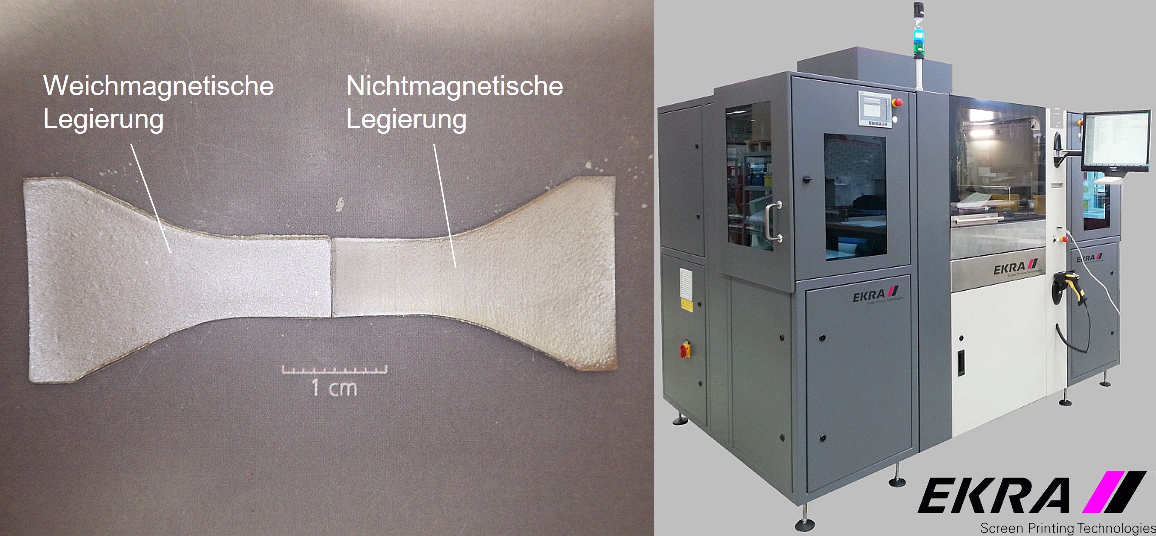 Teststruktur eines im Siebdruckverfahren hergestellten Hybridmaterials, bestehend aus einer weichmagnetischen Legierung und einer nichtmagnetischen Legierung (links). Siebdruckanlage der EKRA Automatisierungstechnik GmbH am Fraunhofer IFAM Dresden, die für die Herstellung der hybriden Strukturen genutzt wurde (rechts).