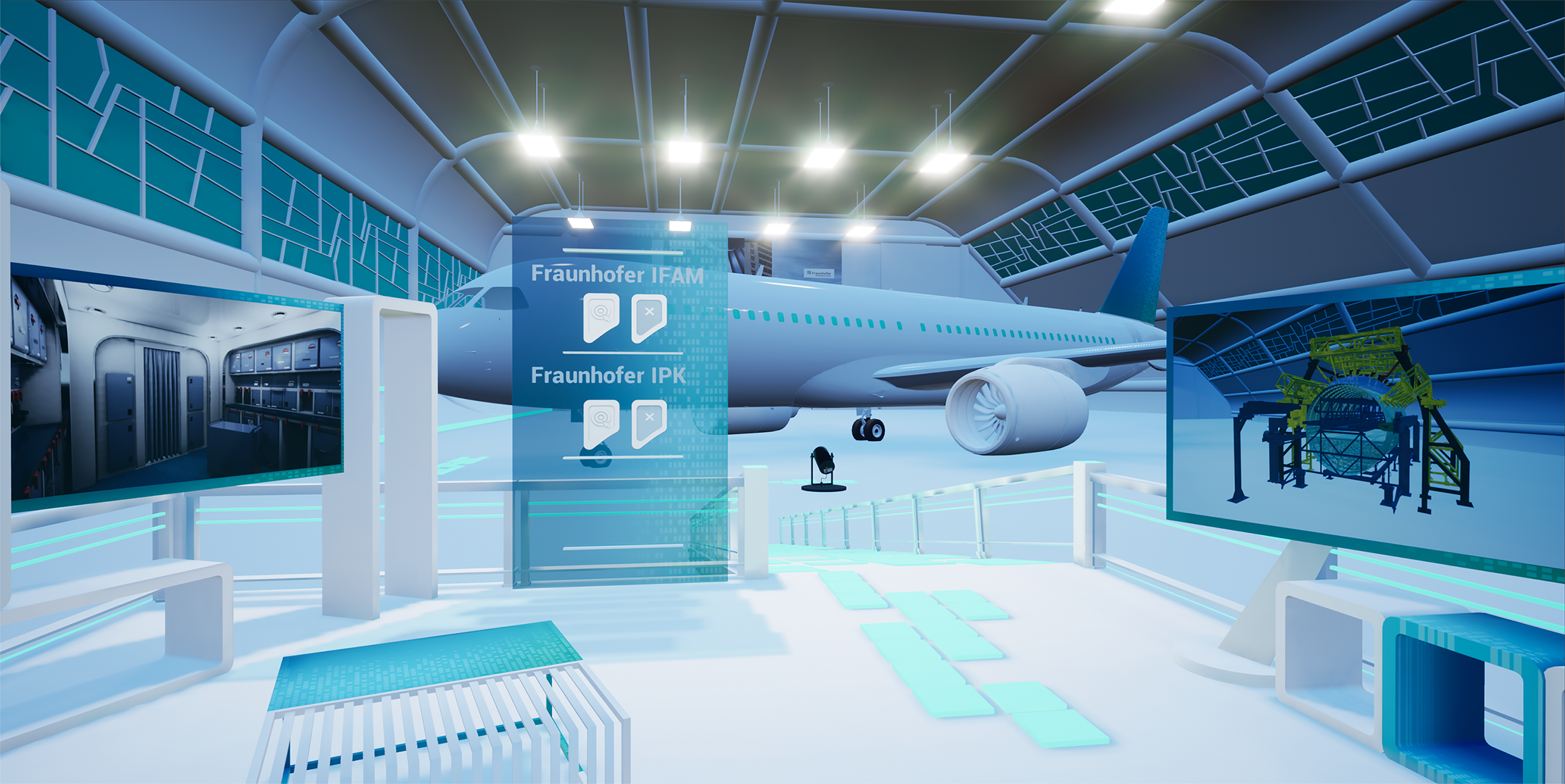 Auf der ILA 2022 per VR-Brille erkundbar: Im virtuellen Flugzeughangar ist rechts der Clean Sky 2 Flugzeugrumpf der Zukunft zu sehen, der aktuell von Fraunhofer in Stade im 1:1 Maßstab mit Projektpartnern realisiert wird.