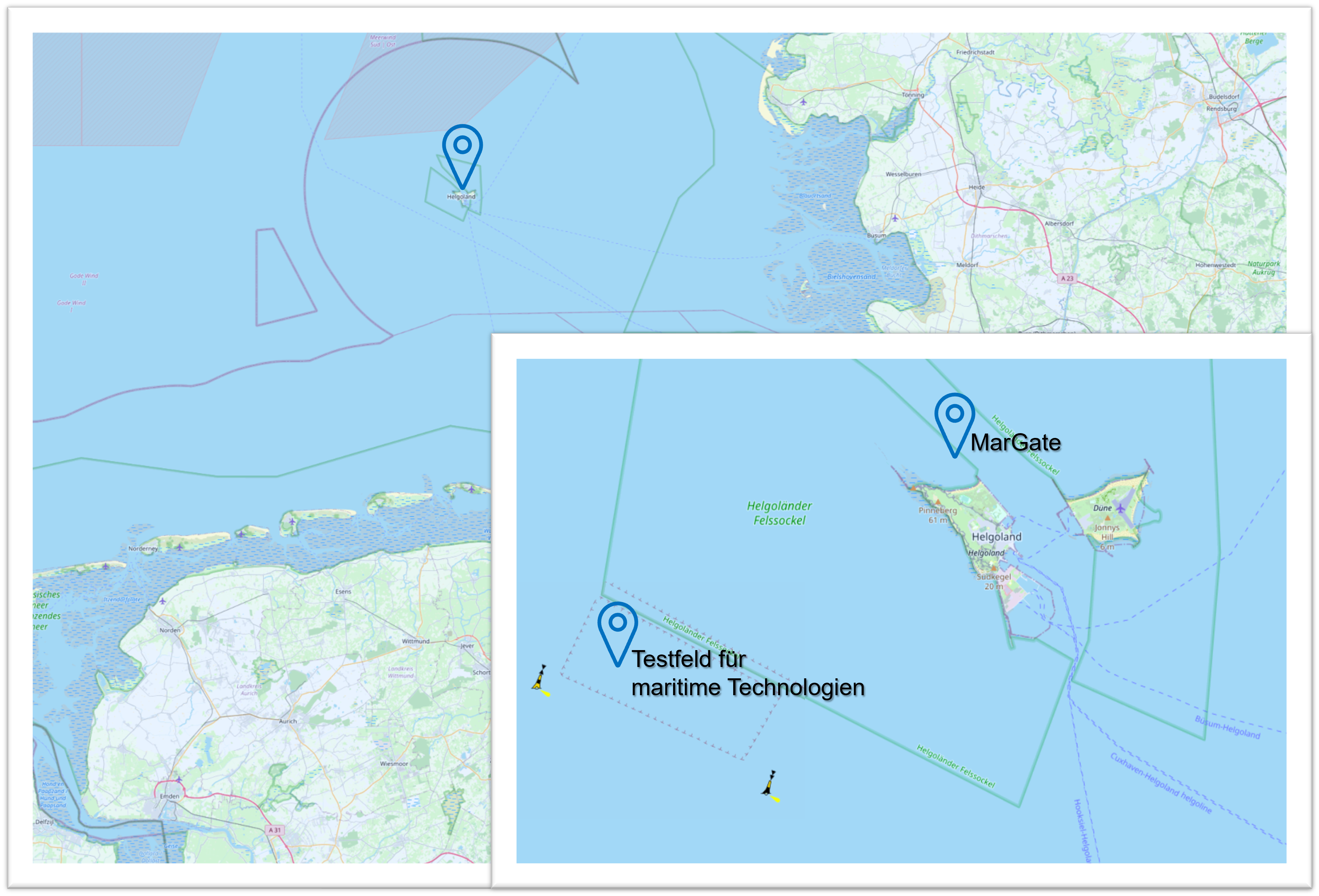 Standorte des Testfelds für maritime Technologien des Fraunhofer IFAM und »MarGate« vom AWI Zentrum für wissenschaftliches Tauchen, beide bei Helgoland