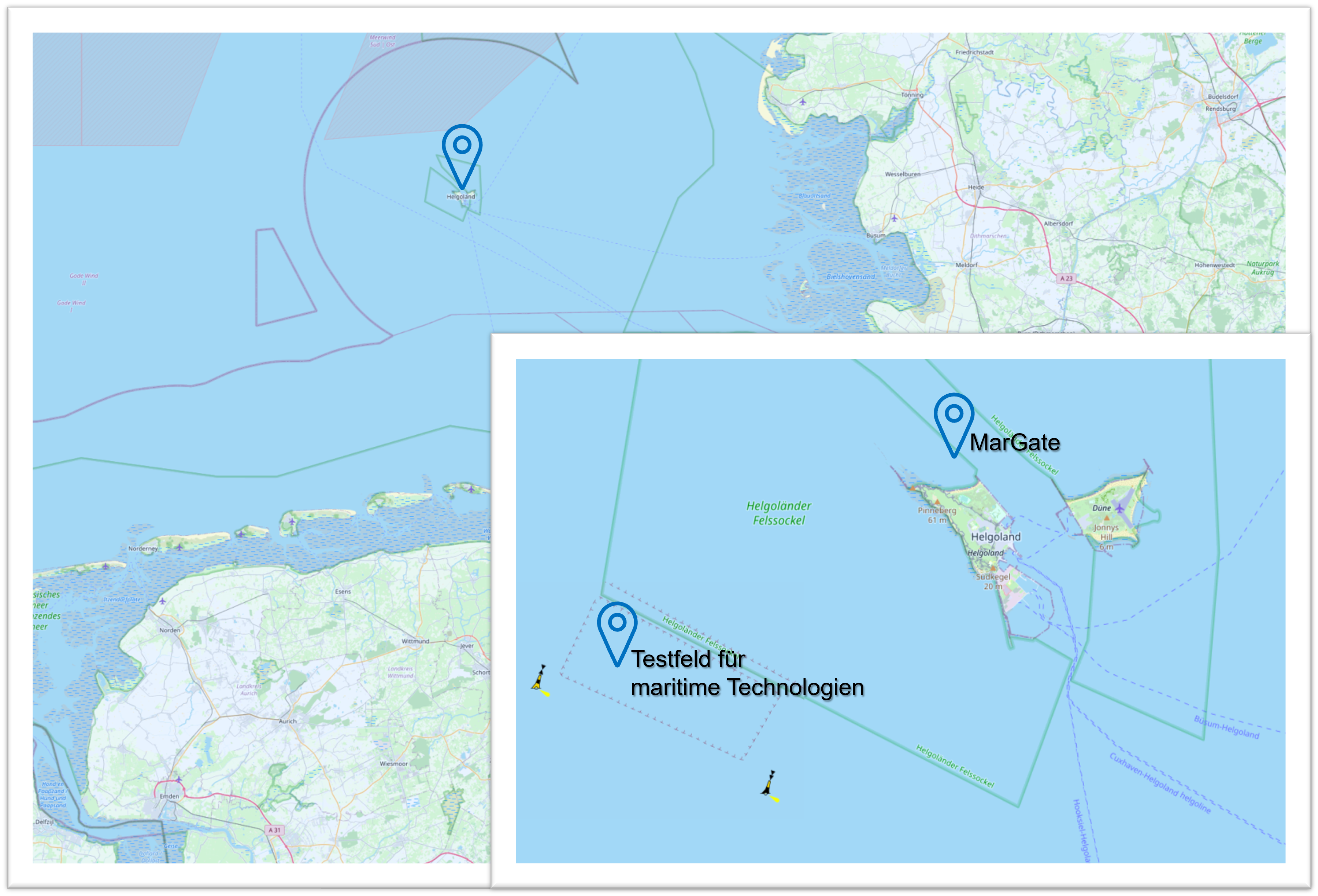 Standorte des Testfelds für maritime Technologien des Fraunhofer IFAM und »MarGate« vom AWI Zentrum für wissenschaftliches Tauchen, beide bei Helgoland Standorte des Testfelds für maritime Technologien des Fraunhofer IFAM und »MarGate« vom AWI Zentrum für wissenschaftliches Tauchen, beide bei Helgoland