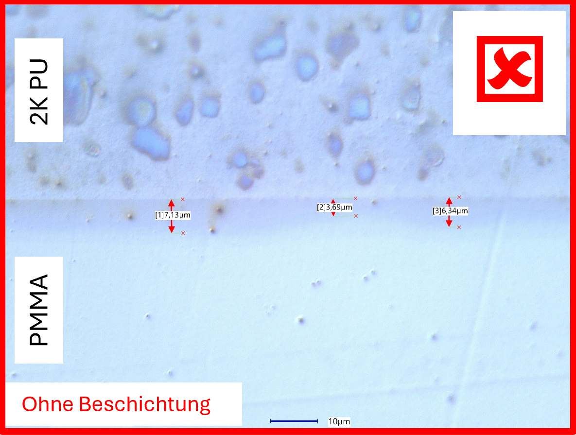 Lichtmikroskopische Aufnahmen der Grenzfläche zwischen Polymer (PMMA) und Klebstoff (2K-PU): verändert durch Additivmigration Lichtmikroskopische Aufnahmen der Grenzfläche zwischen Polymer (PMMA) und Klebstoff (2K-PU): verändert durch Additivmigration