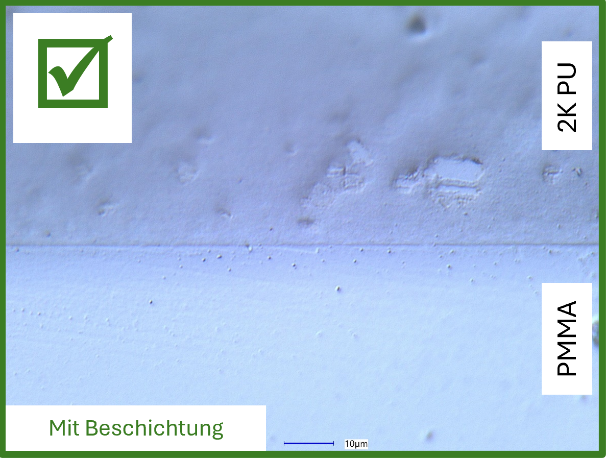 Lichtmikroskopische Aufnahmen der Grenzfläche zwischen Polymer (PMMA) und Klebstoff (2K-PU): geschützt durch plasmapolymere Barriereschicht Lichtmikroskopische Aufnahmen der Grenzfläche zwischen Polymer (PMMA) und Klebstoff (2K-PU): geschützt durch plasmapolymere Barriereschicht