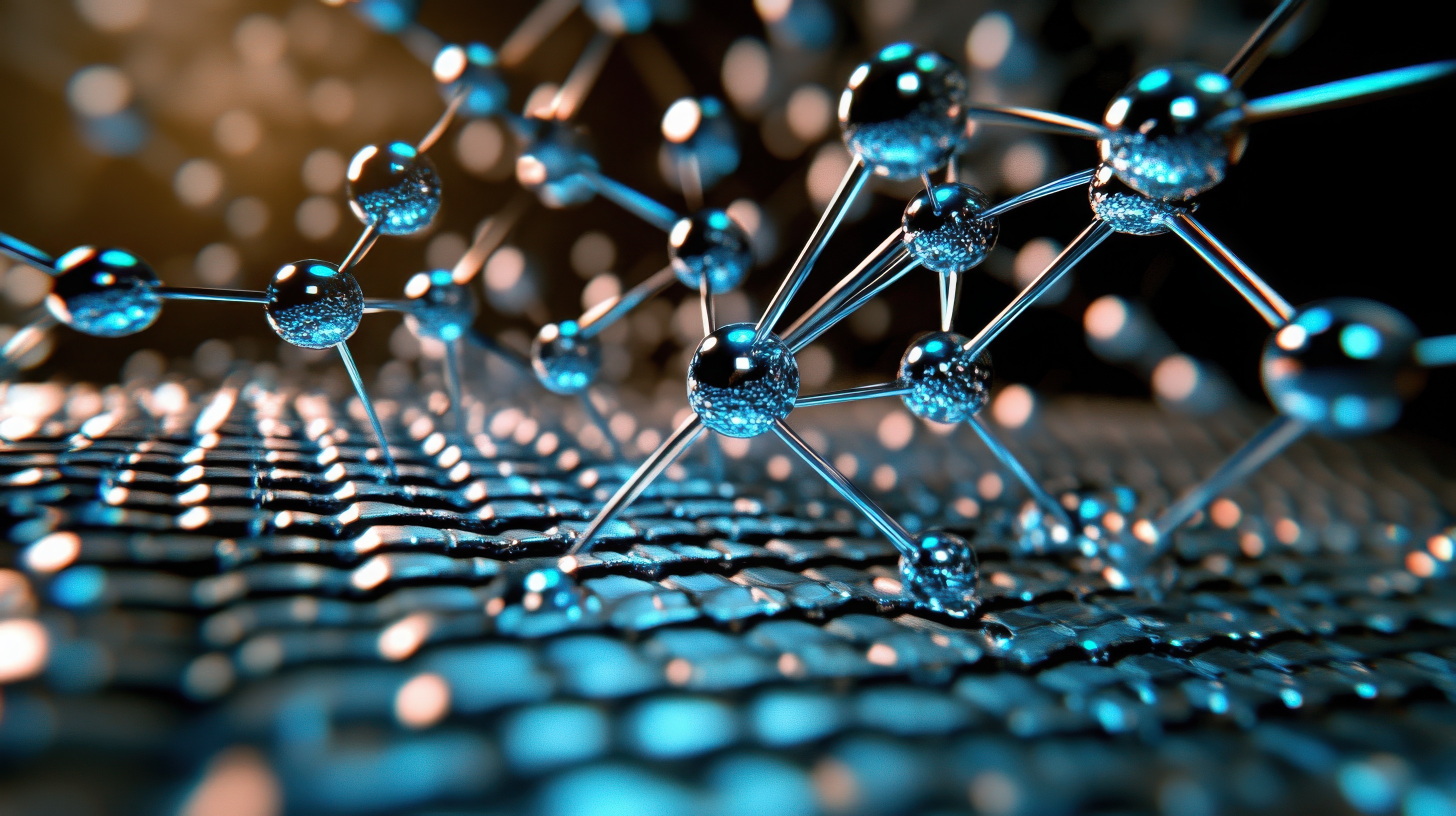 Mikroskopische Ansicht von Molekülen, die in einem komplexen Netzwerk verbunden sind
