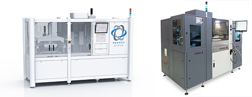 Am Fraunhofer IFAM Dresden vorhandene Anlagentechnik für den additiven Siebdruck. Links: Exentis EX 251, rechts: EKRA XH2 