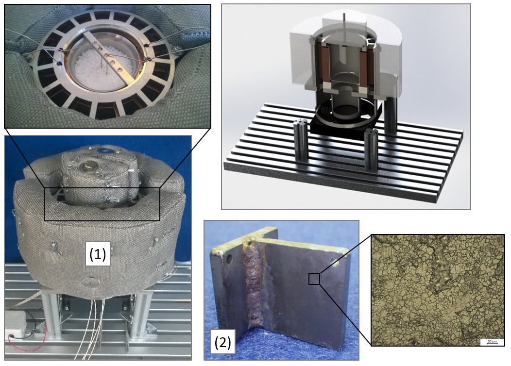 Corrosion investigations: (1) Experimental plant for thermal cycling of material samples (2) in a melting/solidifying PCM (bottom right: microscopic image of the material surface)