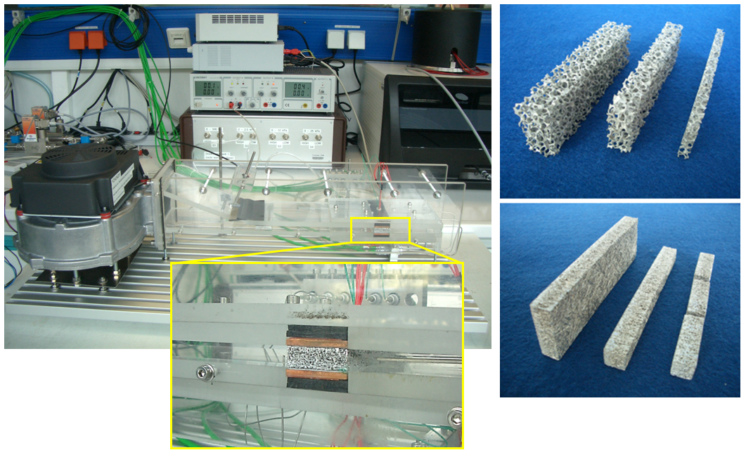 Left: flat flow channel made of acrylic with speed adjustable fan. The metal fibre sample (detail) is electrically heated from above and below to determine the heat transfer coefficient. Right: prefabricated aluminium foam and aluminium fibre samples
