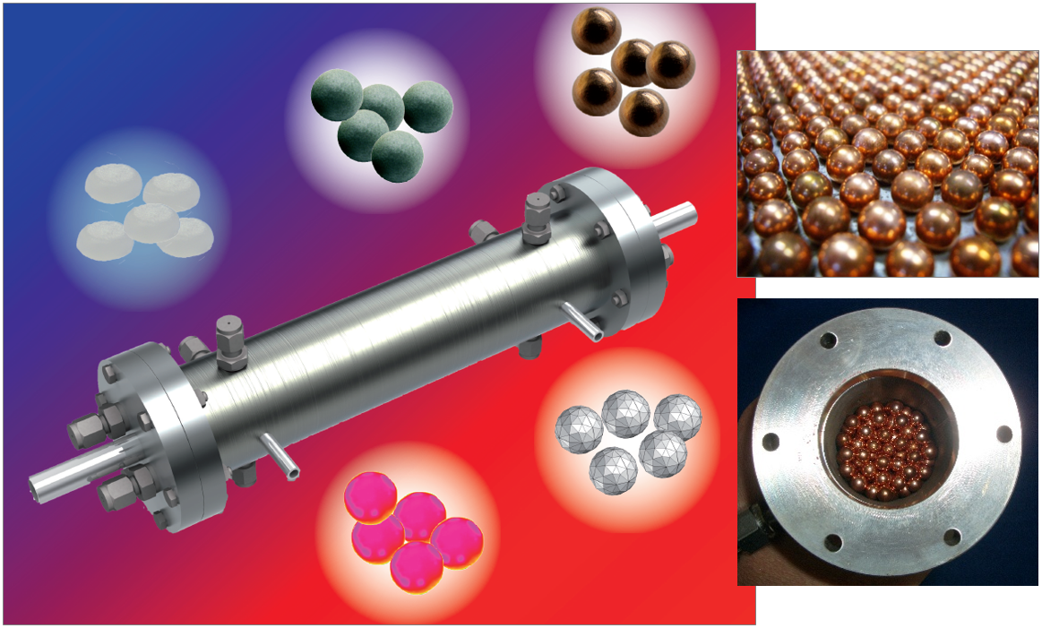 Competencies in the development of latent high-performance heat accumulators based on cellular metals; left clockwise: from the accumulator material (paraffin) via the porous hollow metal sphere as a capsule, finally filled and sealed, cross-linked at the bottom for numerical simulation and finally as a thermographic image of the finished component