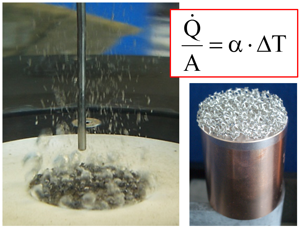 Left: bubble boiling of water on a structured evaporator surface (test specimen with aluminium foam structure shown on the right) in the atmospheric pressure evaporator test rig Left: bubble boiling of water on a structured evaporator surface (test specimen with aluminium foam structure shown on the right) in the atmospheric pressure evaporator test rig