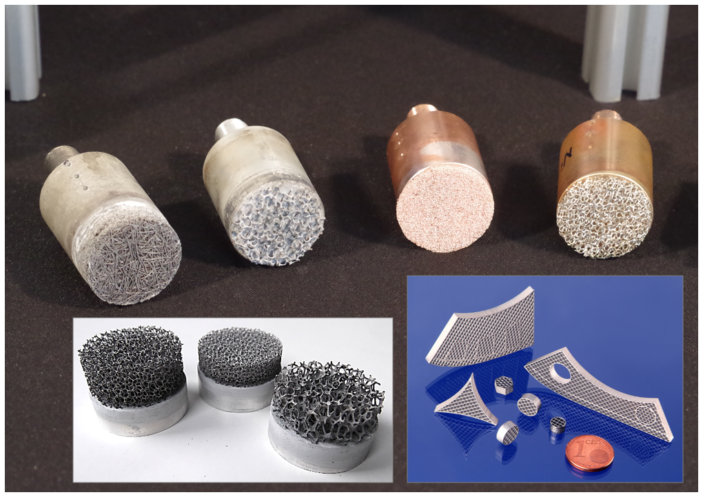 Test specimens with metal fiber or metal foam structure for the experimental analysis of bubble boiling; small picture on the right: exemplary screen printing structures, which are also suitable for evaporator surfaces 