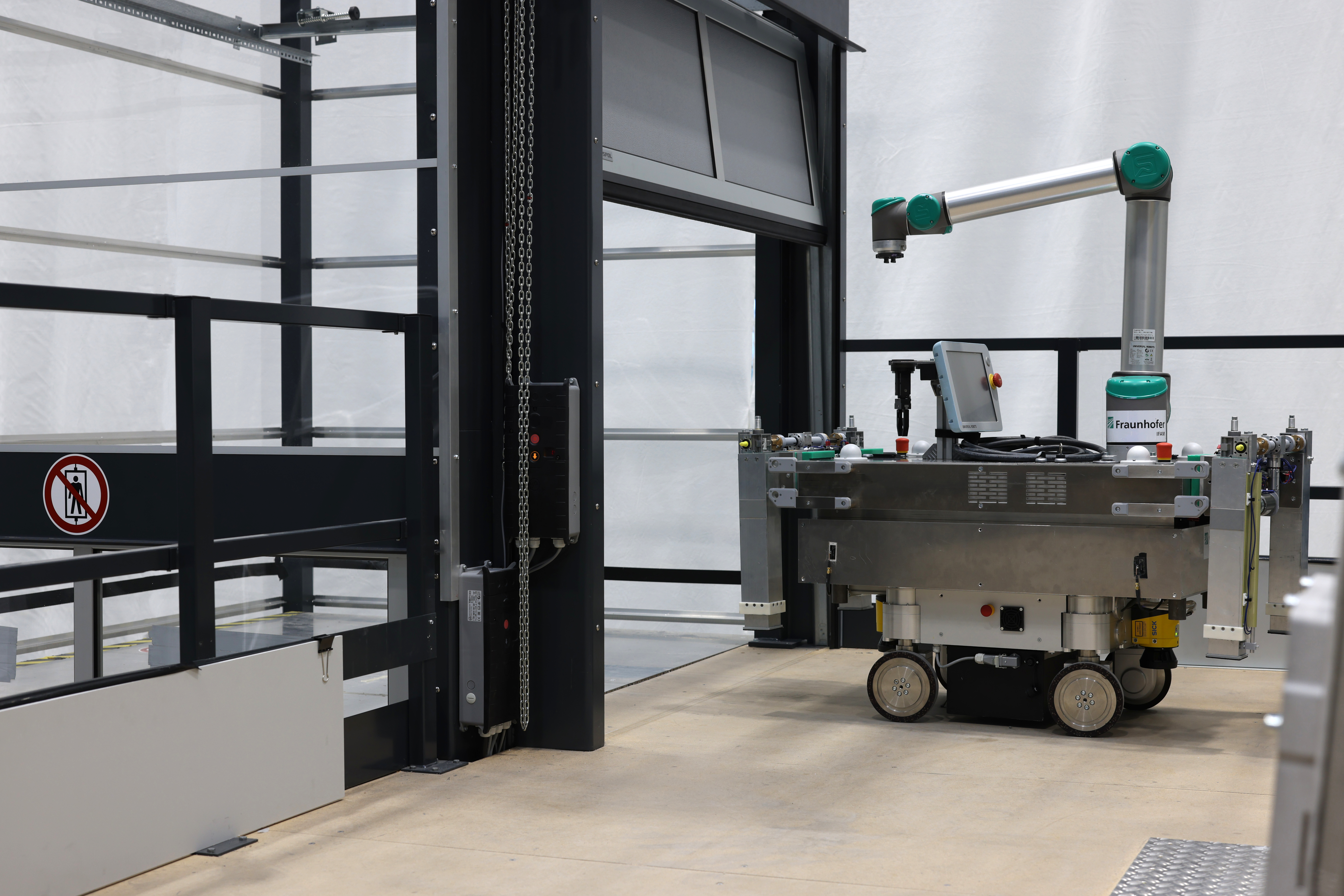 Modular robotic system which can move anywhere an AGV can go, that can be reassembled for different purposes and set up to be working independently without blocking an AGV (Project RoboCoop).