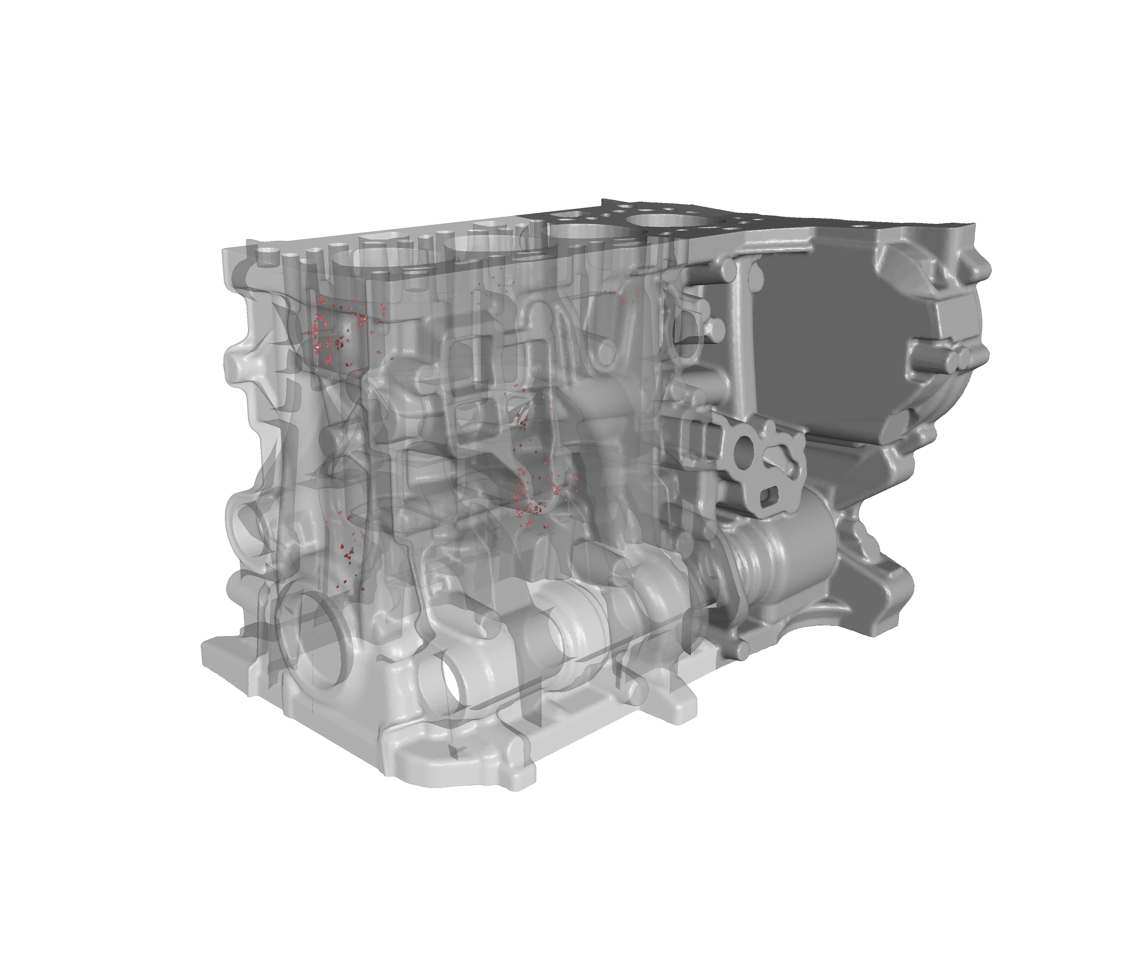 Three-dimensional rendering of a crankcase with automatically detected defects.