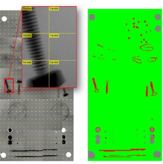Sample plate with artificial defects. Left: Measurement data. Right: Classification by algorithm