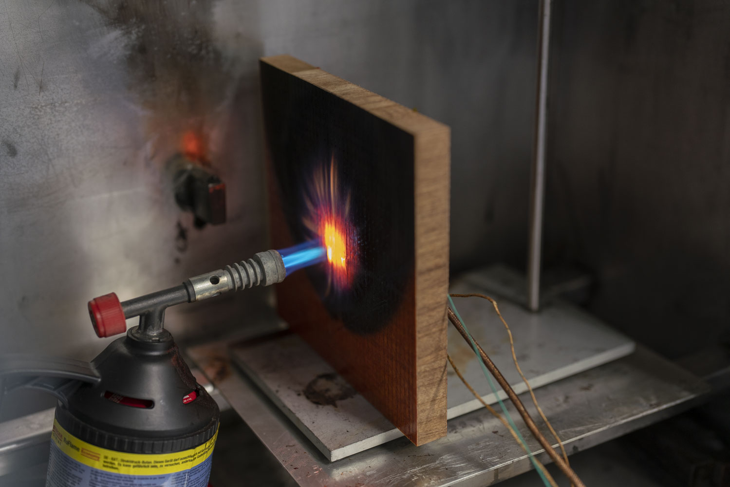 Fire penetration test to determine the thermal permeability.