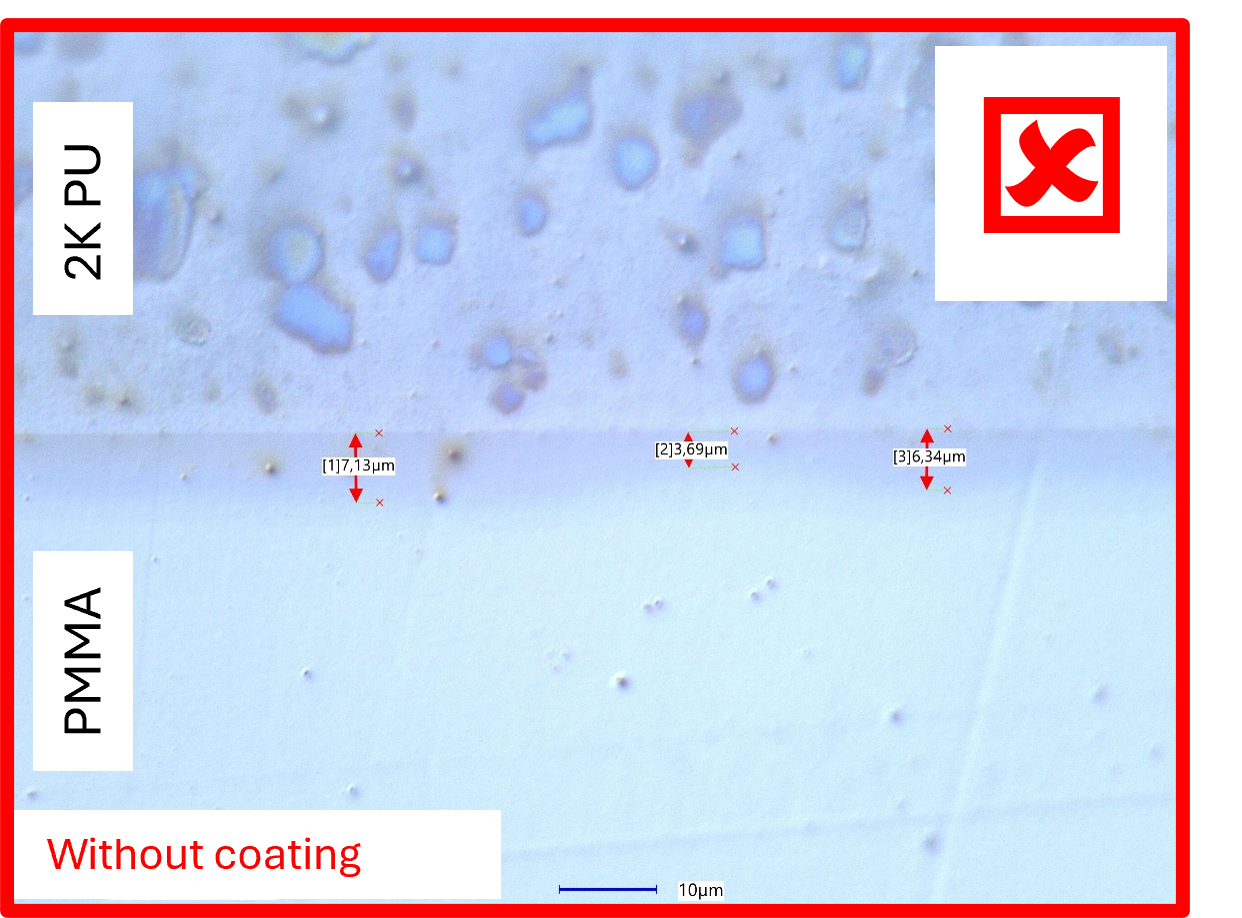 Light microscope images of the interface between polymer (PMMA) and adhesive (2K-PU): altered by additive migration
