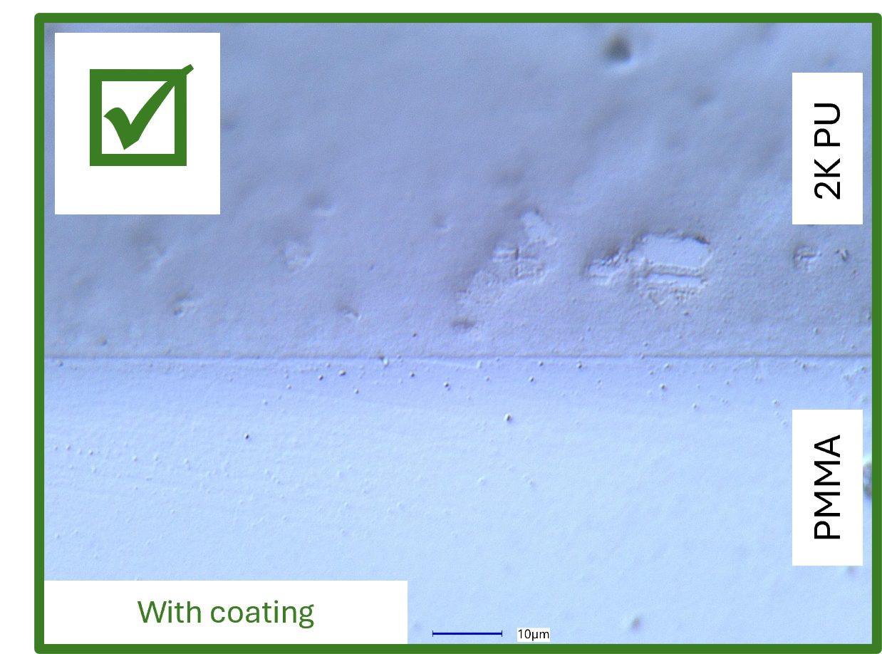 Light microscope images of the interface between polymer (PMMA) and adhesive (2K-PU): protected by a plasma polymer barrier layer