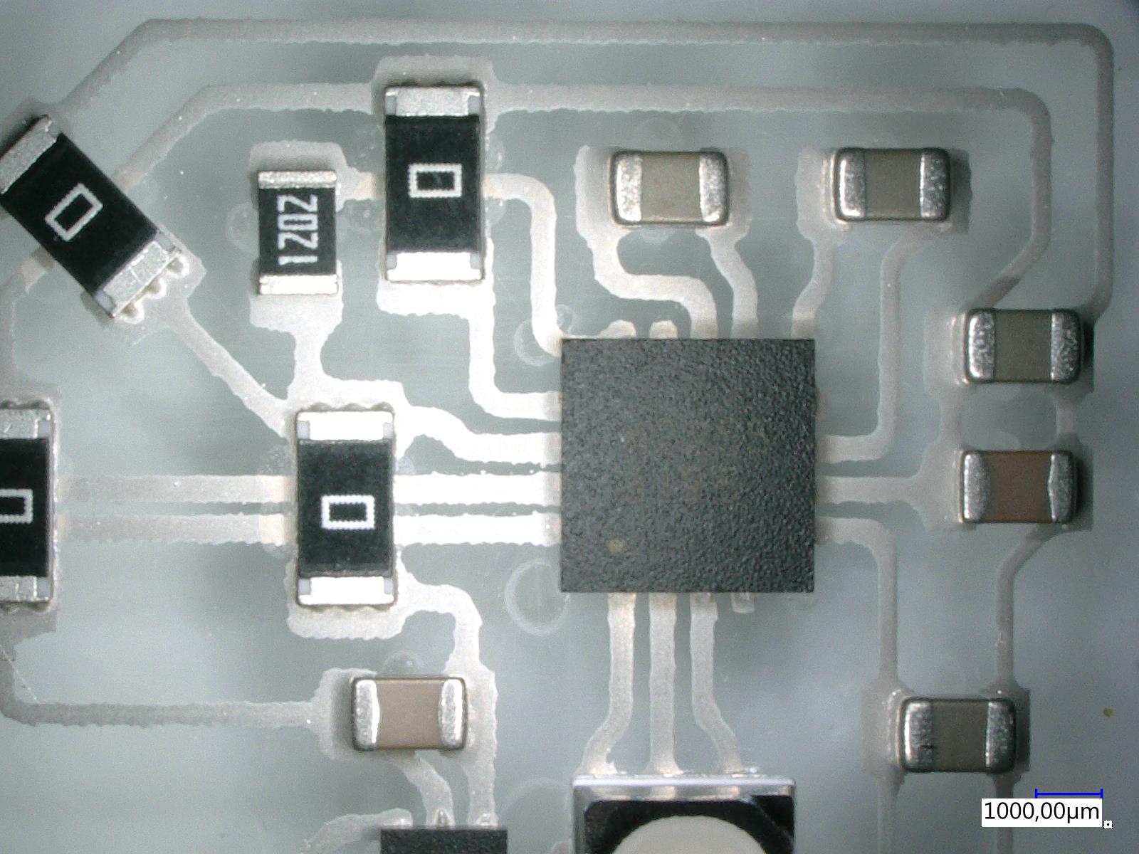 Conductor tracks and contact pads printed on foil with SMD components adhered to them. Conductor tracks and contact pads printed on foil with SMD components adhered to them.