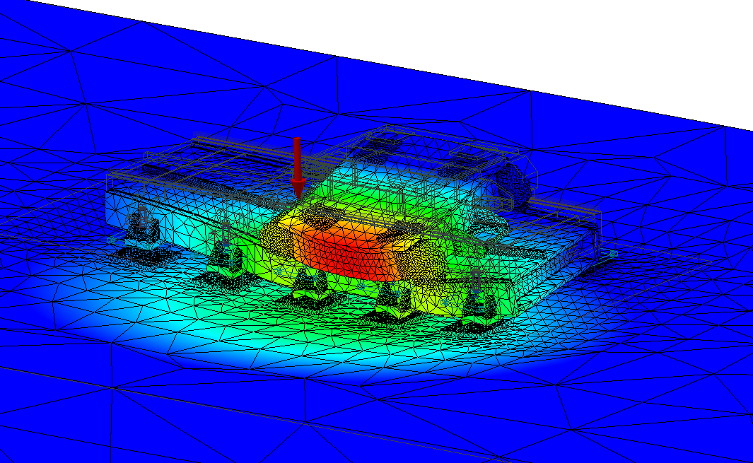The finite element simulation of the compliance behavior of the structural components of a linear axis shows that the deformation of the linear axis carriage leads to a rotation around the direction of travel when a force with a lever arm is applied, for example due to the displaced center of gravity of a articulated robot. The finite element simulation of the compliance behavior of the structural components of a linear axis shows that the deformation of the linear axis carriage leads to a rotation around the direction of travel when a force with a lever arm is applied, for example due to the displaced center of gravity of an articulated robot.