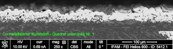 SEM analysis of a cross-section of a plastic metallisation with excessive roughness