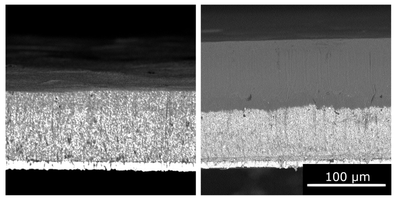 FE-SEM images of cathode before (left) and after (right) applying a polymer electrolyte by slot die coating FE-SEM images of cathode before (left) and after (right) applying a polymer electrolyte by slot die coating